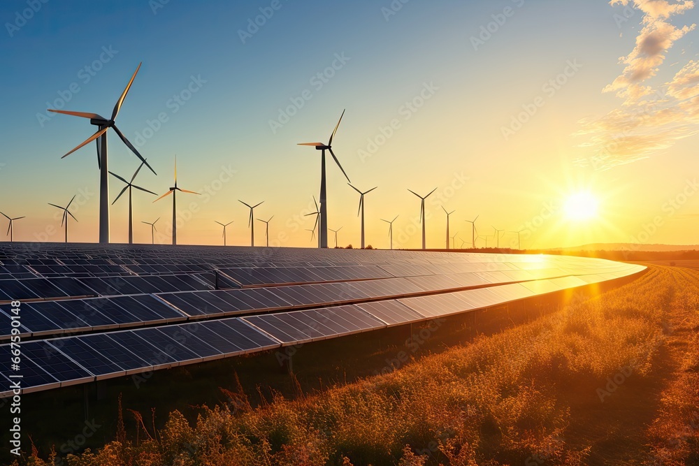 Creating sustainable energy using solar panels and wind farms is enterprise friendly. The concept of clean and sustainable development. Generative AI - obrazy, fototapety, plakaty 