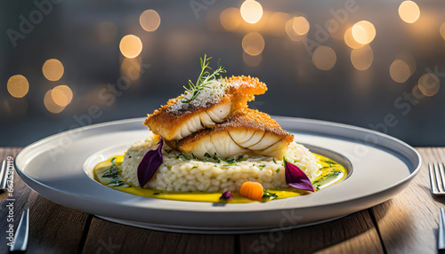 crispy fried fillet of pike-perch on lemon risotto, fine root vegetables and white wine foam, Generated image photo