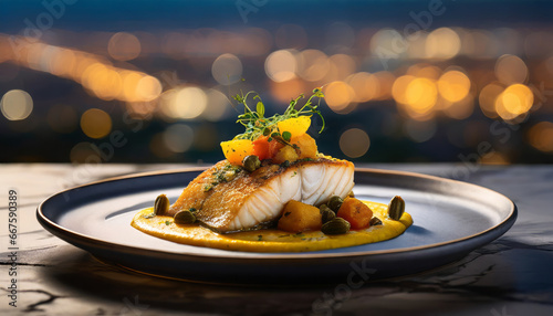 crispy sea bass fillet with potato-mango curry and fried capers on tomato velouté mirror, Generated image photo