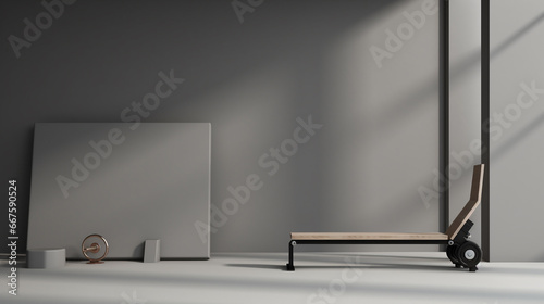 Empty gym room with illustration of a gym equipment and leg bench on grey wall. with copy space