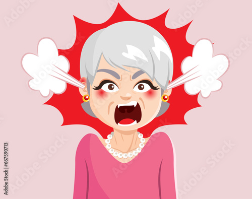 Angry senior woman vector cartoon illustration. Unhappy grandma complaining shouting and screaming