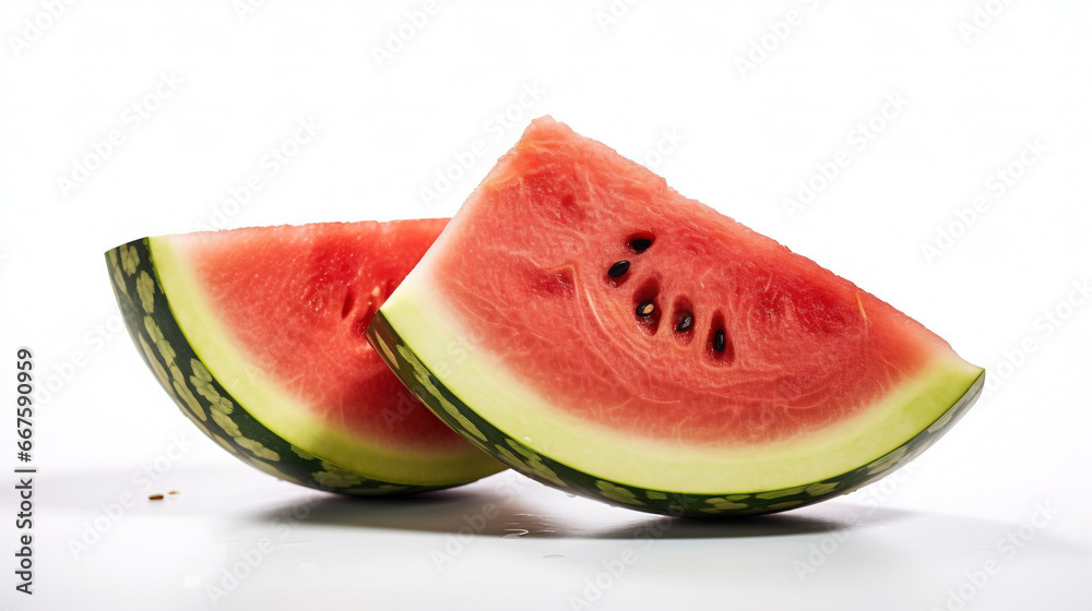 Delicious Fresh Green Watermelon and Slices On Defocused White Background Delicious Fresh Green Watermelon and Slices On Defocused White Background