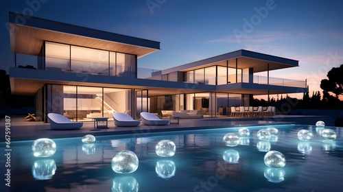 3d rendering of modern cozy house with pool and parking for sale or rent in luxurious style by the sea or ocean. Clear summer night with blue sky.