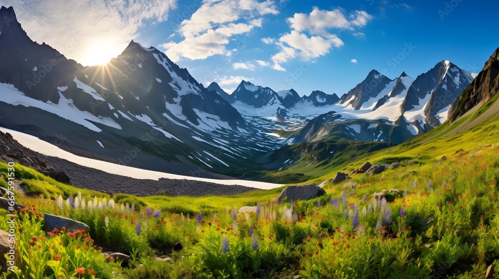 Panoramic view of alpine meadow and mountains in summer - obrazy, fototapety, plakaty 