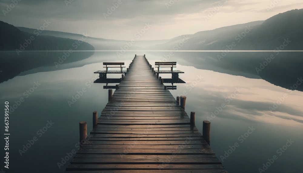 Benches of Solitude on a Tranquil Pier