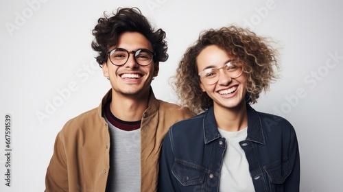 smiling young pair with glasses sharing a joyful moment, useful for advertising eyewear or casual fashion, ai generated