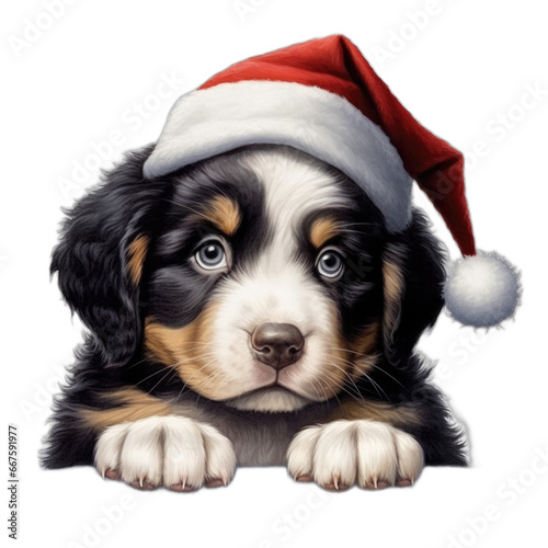 Bernese Mountain Dog puppy wearing Santa Hat isolated on transparent background