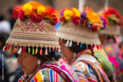 Peru traditional colorful hats. Brightly colored headwear for culture fiesta festival. Generate ai