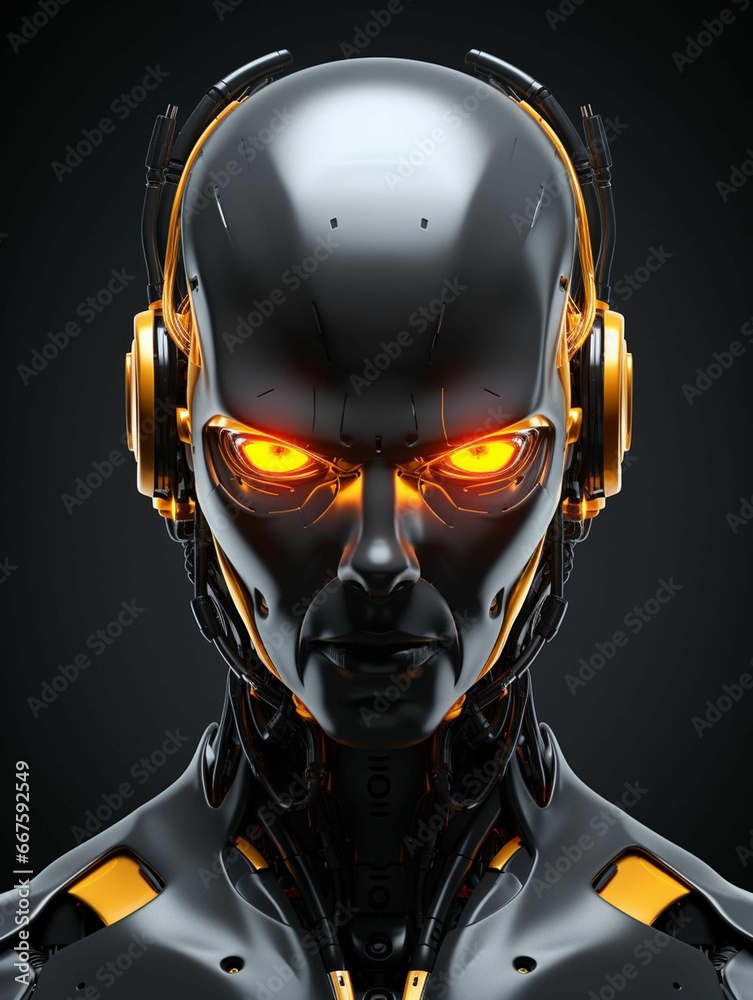 a futuristic, glowing robot headphones on his face photo