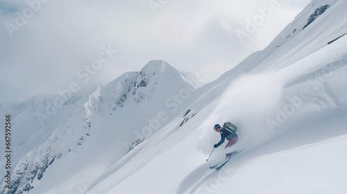 Skiers athletes compete going down from ski mountain. AI generated.