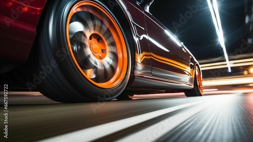 a car driving down the road at night with long exposure lighting © Wirestock