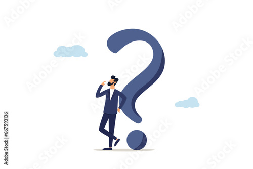 Solving problems and questions, thinking about an answer or solution, doubt or concentration, frequently asked questions, doubtful businessman thinking about an answer. Big question mark.