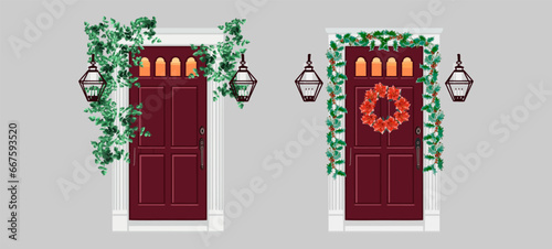 red front door art deco, tall door, vector, flat pattern, door with a wreath, hight decorated, well decorated, red front door with two lanterns above it,