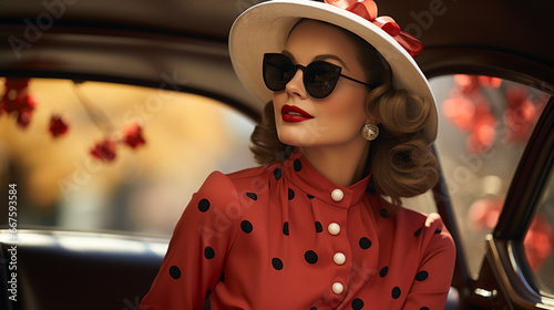 A classic 1950s woman's fashion ensemble featuring a polka dot swing dress, cat-eye sunglasses, and a wide-brimmed hat, capturing the essence of vintage elegance
