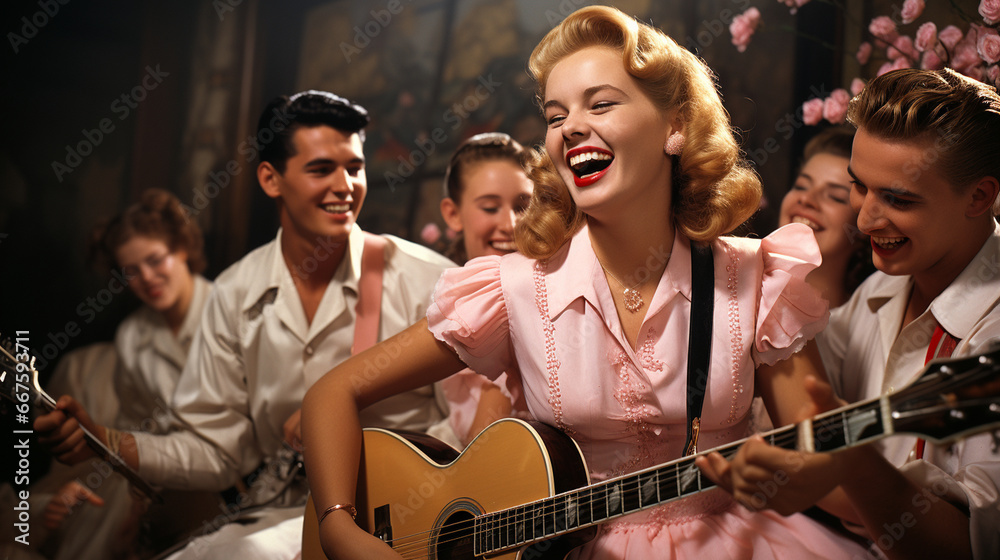 A Quintessential 1950s Rock 'n' Roll Dance Party Scene With Youth In ...