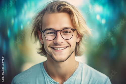 Portrait of smiling blond guy with glasses. Handsome man with medium length hair. Generate ai