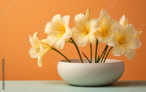 Amaryllis Displayed in a White Bowl Against a Yellow Background photo