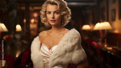 A portrayal of iconic 1950s Hollywood glamour with a starlet in an elegant gown and furs, reminiscent of the red carpet fashion of the era