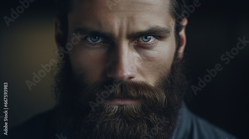 A bearded man with a striking and enigmatic expression, his gaze fixed on the camera, set against a solid, neutral background