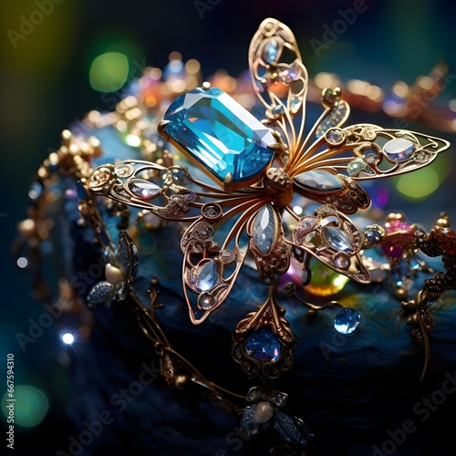 jewelry ring with precious stones and gems on a dark background