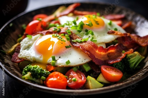 Fried eggs topped with bacon strips and healthy vegetables. Generative AI