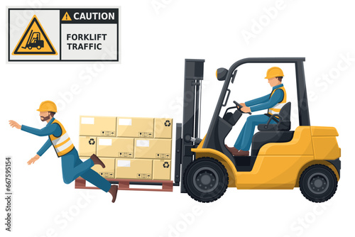 Industrial worker driving a forklift in an accident to a worker. Danger and caution sign for forklift traffic. Work accident in a warehouse. Security First. Industrial Safety and Occupational Health