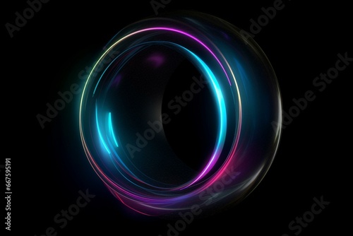 Dark circular shape with vibrant blue and pink colors on a black backdrop. Generative AI