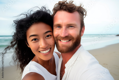 interacial couple pose for a selfie photo. , beach background,