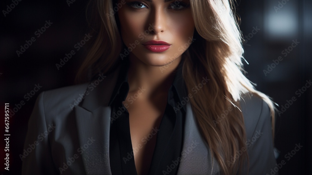 A close-up image of a model in a business suit, with the focus on the suit's fabric and the professional demeanor of the wearer, all accentuated by a dark and dramatic backdrop A close-up image of a model in a business suit, with the focus on the suit's fabric and the professional demeanor of the wearer, all accentuated by a dark and dramatic backdrop