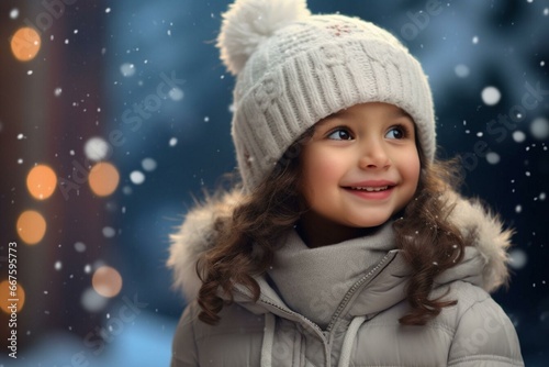 A little fair-haired girl of 3-4 years old in comfortable winter clothes looks at the snowflakes. There are Christmas lights and garlands in the background. Cozy winter holiday evening. 