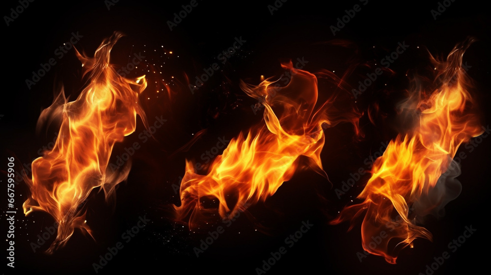 Set of burning fires of flames and sparks on black background. Set of burning fires of flames and sparks on black background.