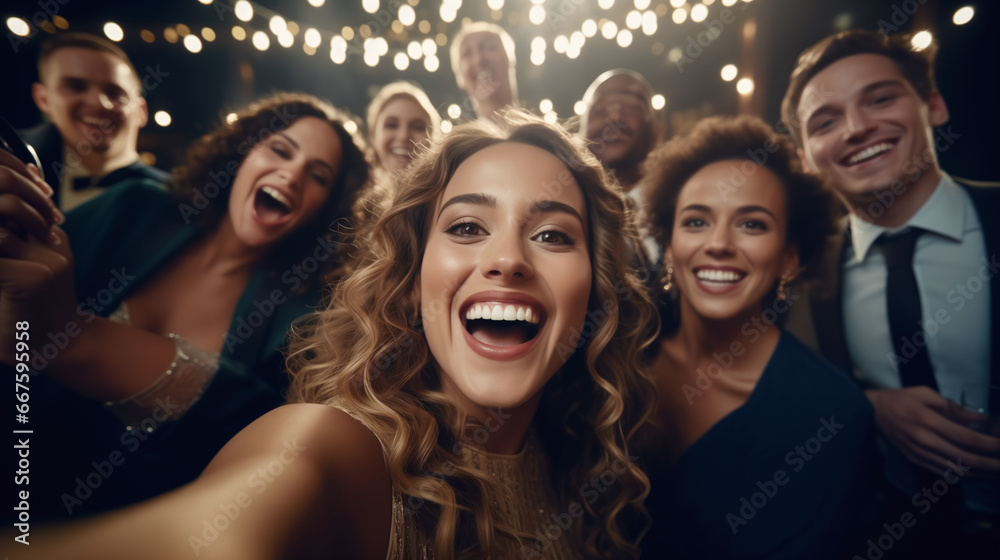 An attractive woman and her friends taking a selfie at a gala night, celebrating happy new year