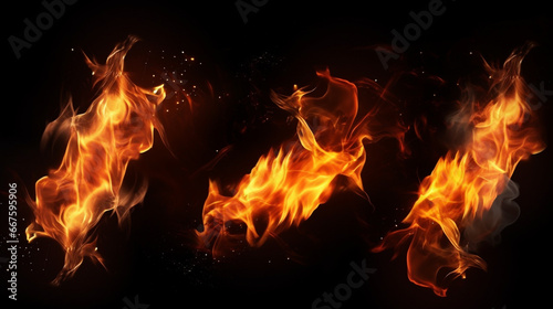 Set of burning fires of flames and sparks on black background.