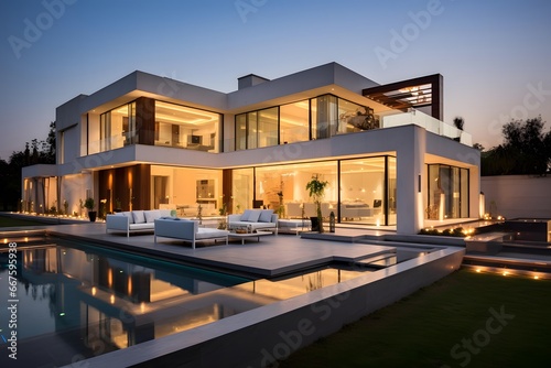 Luxury modern house with swimming pool at night. Nobody inside © Michelle