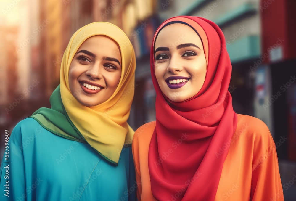Happy Muslim women in colorful covering clothes. Islamic ladies wearing religious hijab scarf. Generate ai