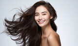 Portrait of a beautiful woman with flowing black hair. Bright smile, shampoo advertising concept Hair conditioner and cosmetic products, Generation AI