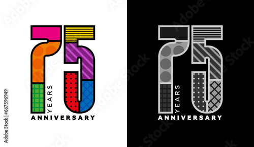 75th Anniversary, Seventy-fifth Birthday Logo Set, Colorful Logo for Celebration Event, Invitation, Congratulations, Web Template, Flyer and Booklet, Retro