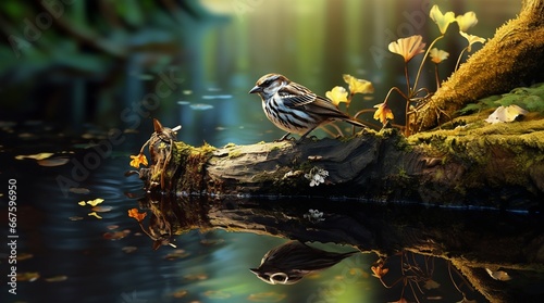 Un gorrión subido en un tronco flotando en el agua. Se ve el reflejo del pájaro en el agua photo