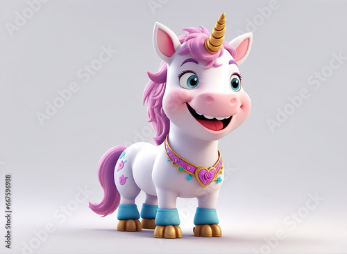 A charming 3D render of a baby unicorn on white background in the form of an cute adorable and lovable fantasy cartoon character