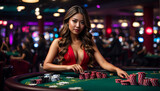 Female croupier shuffling poker cards at a casino table with chips in the backdrop. Represents the world of poker gaming and the gaming industry