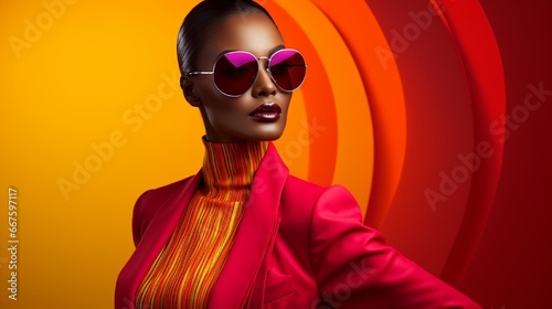 A striking image featuring a women's model in a brand shoot, with a vibrant outfit that pops against a sleek and uncomplicated solid background, allowing the clothing to take center stage