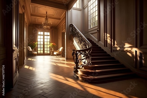 3D rendering of the stairs in the hall of an old mansion