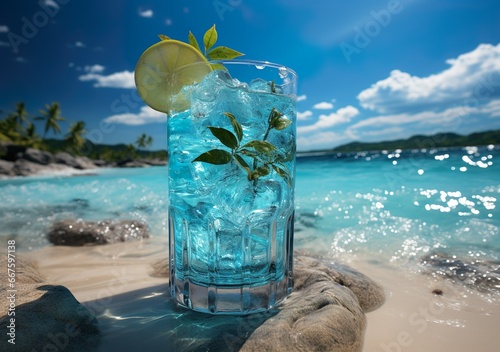 Summer holiday concept. Blue hawaii soda cocktail on blur tropical beach and blue sky background. 8k, cinematic lighting,
