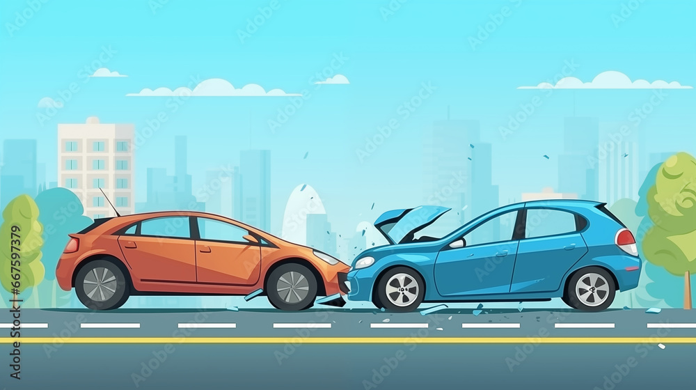 Illustration of Traffic accident of two cars.. Traffic collision in city.
