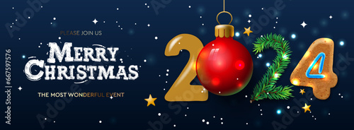 Horizontal Christmas and Happy New Year 2024 banner. Holiday posters, cards, headers, website. Vector illustration
