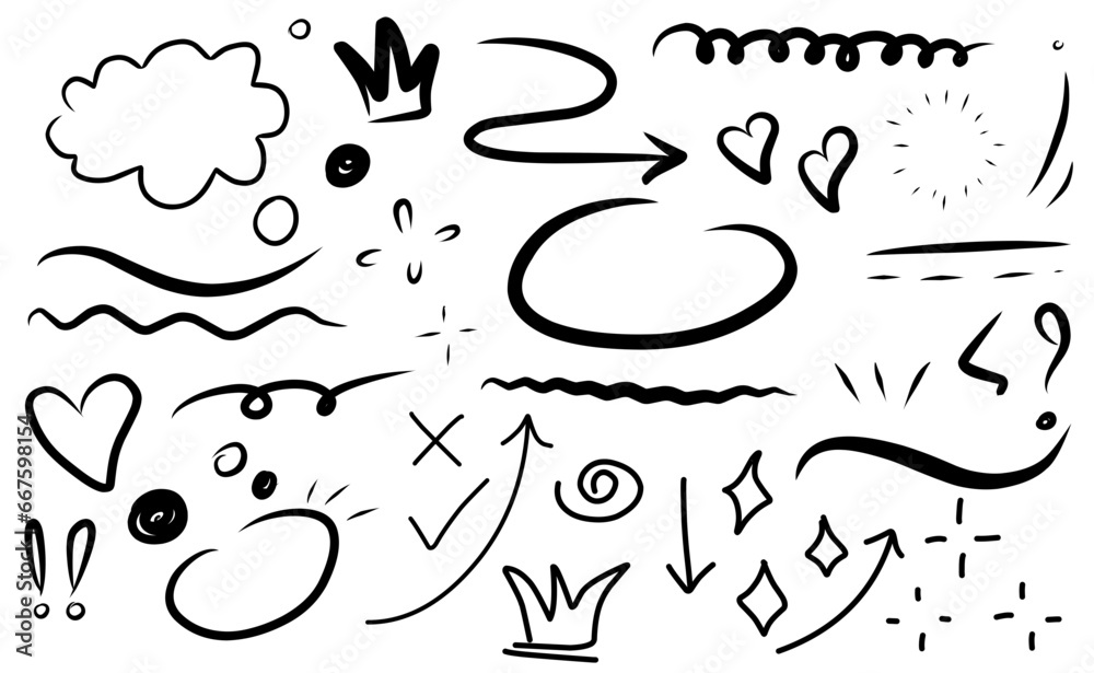 Sketch underline, emphasis, line shape set. Hand drawn swirl swoosh, love, speech bubble, underline element. Vector illustration. - obrazy, fototapety, plakaty 