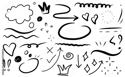 Sketch underline, emphasis, line shape set. Hand drawn swirl swoosh, love, speech bubble, underline element. Vector illustration.