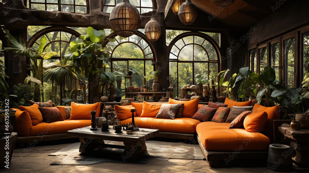 An Open Living Room with Various Couches and Planters in the Style of Orange and Brown Atmospheric and Dreamy Interior Background An Open Living Room with Various Couches and Planters in the Style of Orange and Brown Atmospheric and Dreamy Interior Background