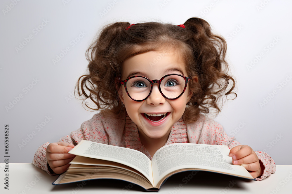 Happy little girl with books at library Happy little girl with books at library