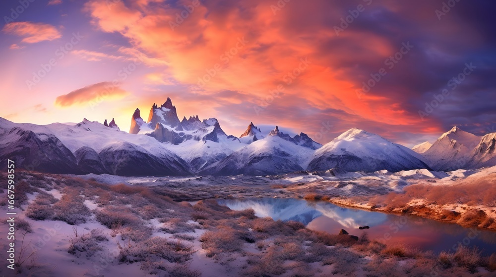 Mountain panoramic landscape. Panorama of snowy mountains at sunset